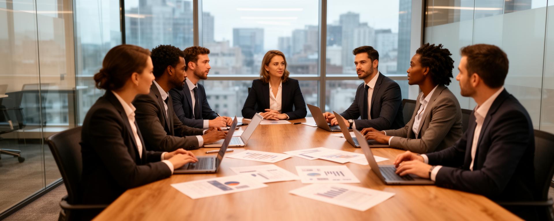 Executive team collaborating on AI strategy with holographic data visualizations